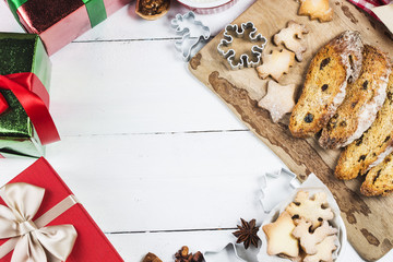 Christmas cookies background. Ginger dough for gingerbread, star, Christmas tree,Biscuits