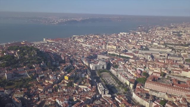 sunny evening time lisbon city bay aerial panorama 4k portugal
