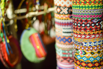 Fototapeta na wymiar Colorful friendship bracelet sold at famous Masaya Market (Mercado de Artesanias de Masaya) in Nicaragua