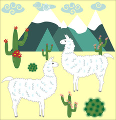 Two Llama, alpaca of white color, with bright saddles on the background of mountains, cacti, clouds