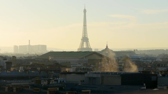 sunset paris city famous galeries lafayette rooftop cityscape eiffel tower panorama 4k france
