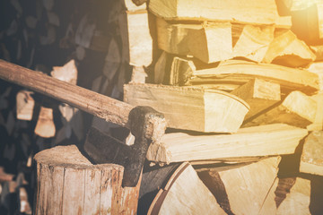 Chopped wooden logs with an axe or chopper