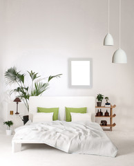 interior white bedroom concept with green plant and frame
