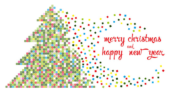 Vector illustration shows Christmas tree in multi-colored pixels. New Year and Christmas card