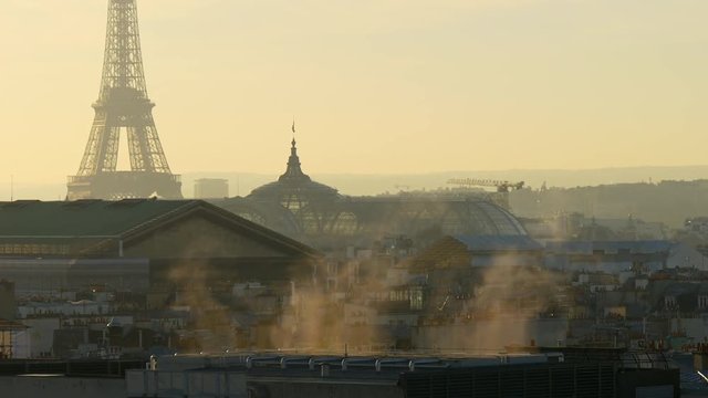 sunset paris galeries lafayette rooftop smoke cityscape eiffel tower panorama 4k france
