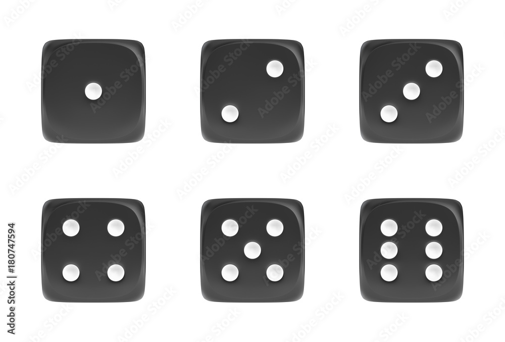 Poster 3d rendering of a set of six black dice in front view with white dots showing different numbers.