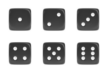 3d rendering of a set of six black dice in front view with white dots showing different numbers.