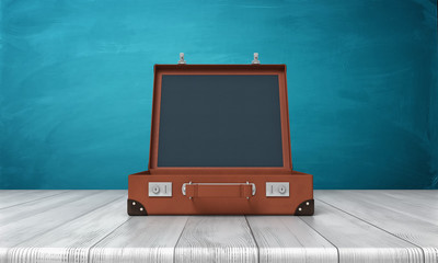 3d rendering of a single retro brown suitcase with its lid open standing on a wooden desk.