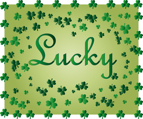 Greeting card of St. Patrick with sparkling green leaves of the clover and place for the text.