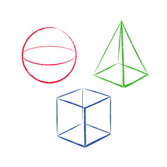 Geometric shapes set. Vector hand drawn illustration. Isolated objects. Cube, Pyramid Sphere