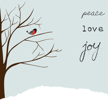 Winter Landscape Scene. Christmas New Year Greeting Card. Forest Falling Snow Red Capped Robin Bird Sitting On Tree. Blue Sky. Hand Lettering Peace Love Joy