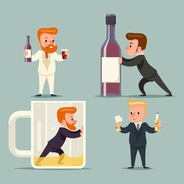 Alcohol Beer Rum Whiskey Male Guy Character Different Positions and Actions Icons Set Retro Cartoon Design Vector Illustration