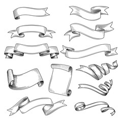 Hand drawn set of different ribbons. Design elements for greeting cards, banners, invitations. Sketch, vector illustration. - 180749541