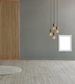 wood paravane with grey wall background grey carpet frame and lamp style