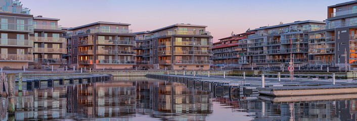 Fiskebäck port and apartments in a quiet night at the blue hour