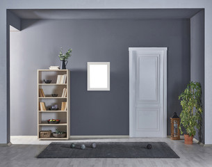 grey wall concept with bookcase and white door decoration home ornaments