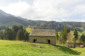 Fototapeta na wymiar Green countryside village landscape at Autumn in Switzerland
