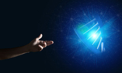 Science medicine and technology concepts as DNA molecule on dark background with connection lines