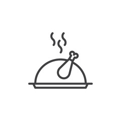 Christmas turkey food line icon, outline vector sign, linear style pictogram isolated on white. Roast chicken on tray symbol, logo illustration. Editable stroke