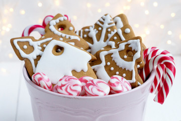 Christmas gingerbread cookies with candy canes. Christmas sweets.