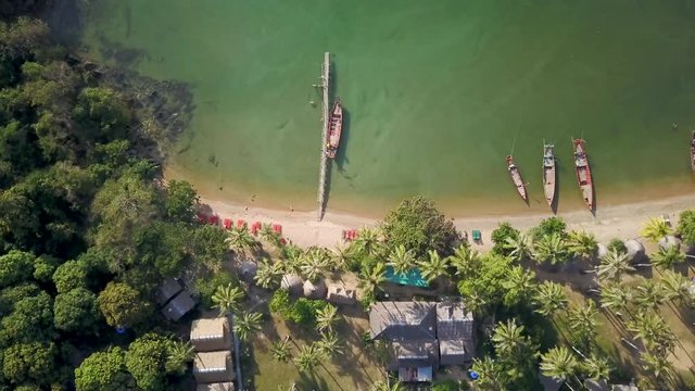 Looking straight down in this aerial view, fishing boats are lined up along a palm tree edged shoreline.