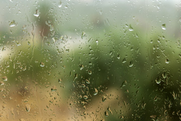 Water drops on glass. A blurred background of nature. Shallow depth of field.
