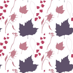 Floral vector seamless pattern with wild flowers, platan or maple and ivy leaves and twigs with berries.