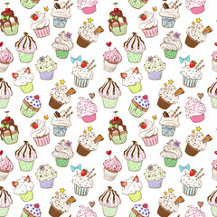 Seamless background with colored doodle sketch cupcakes on white background