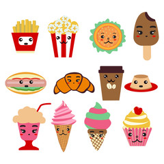 funny happy Vector illustration for restaurant menu design. Fast food menu vector icon set.