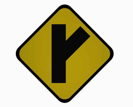 Verkehrszeichen USA : Nebenstraße in einem spitzen, rechten Winkel, auf weiß isoliert