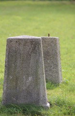 Concrete obelisks standing on a green lawn