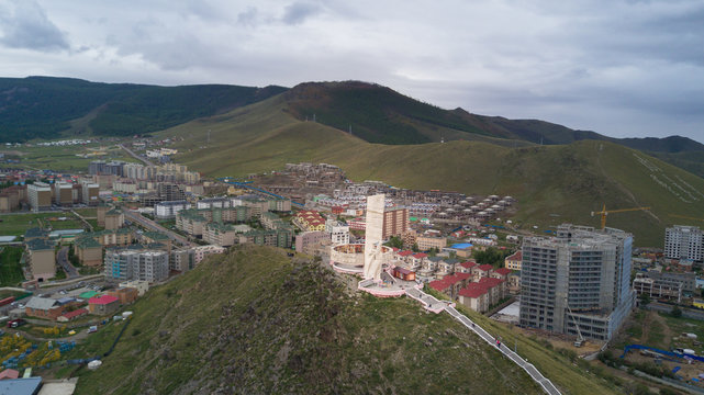 Aerial view of old Zaisan hill Soviet memorial in the south of Ulaanbaatar, Mongolia.