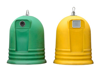 green and yellow garbage containers isolated on white background