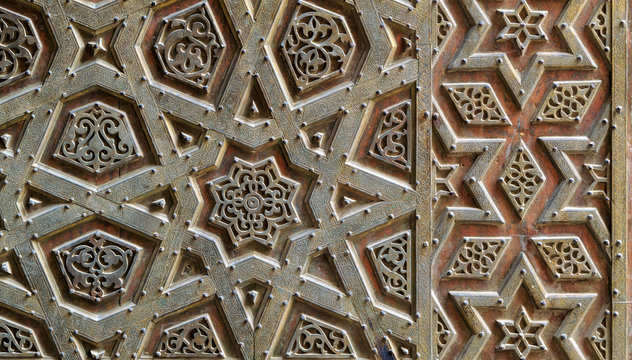 Ornaments of the bronze-plate door of Sultan Qalawun mosque, al Moez street, Old Cairo, Egypt