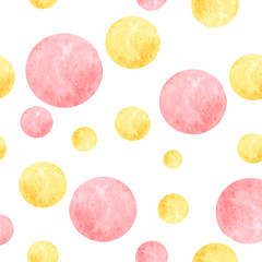 Watercolor seamless pattern with pink and yellow spots on white background