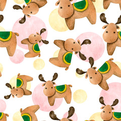 Watercolor seamless pattern with cartoon elk on white background