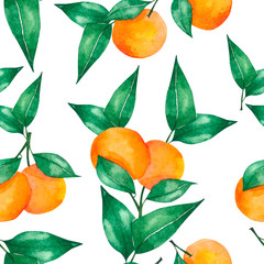 Oranges and green leaves frame, watercolor