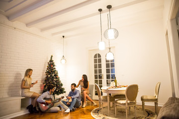 Young people celebrating Christmas and New Year by fir-tree at home