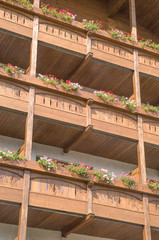 New hotel balconies decorated with flowers in Bansko, Bulgaria