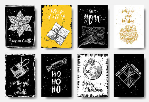 Christmas greeting card set. Black white and colors. Decorative hand drawn illustration for winter invitations, cards, posters, gift tags and flyers. Vector.