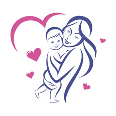 happy mother and baby, smiling family outlined vector sketch