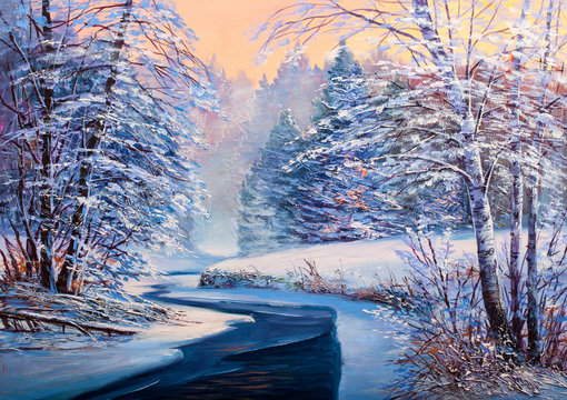 Christmas forest with river