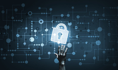 Hand pointing with finger at padlock as concept of internet security and access