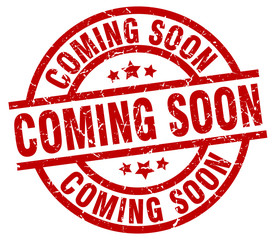 coming soon round red grunge stamp