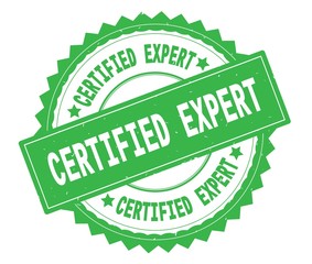 CERTIFIED EXPERT green text round stamp, with zig zag border.