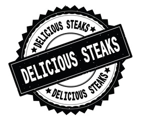 DELICIOUS STEAKS black text round stamp, with zig zag border.