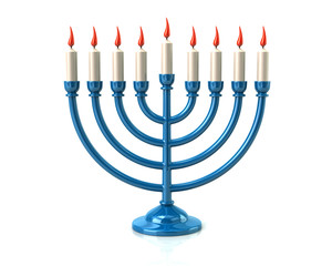 Blue Hanukkah menorah with burning candles