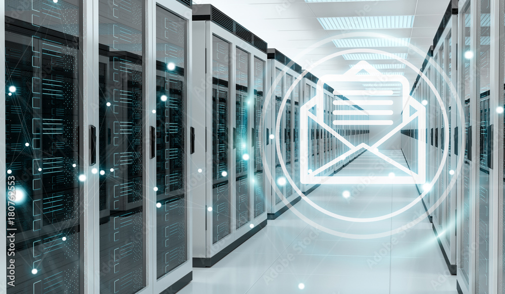 Poster Emails exchange over server room data center 3D rendering