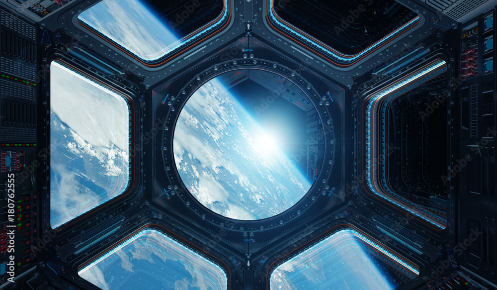 Poster View of planet Earth from a space station window 3D rendering elements of this image furnished by NASA