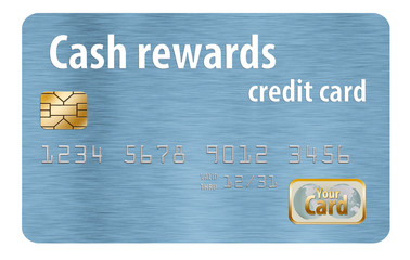 A cash rewards credit card is isolated on a white background. For every dollar you spend you get a percentage back, typically .5 to 1.5%.